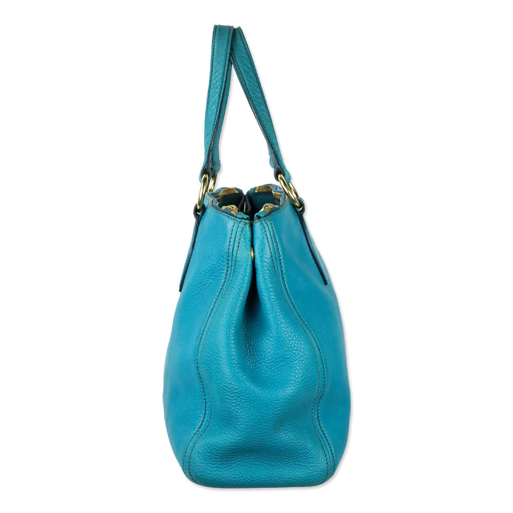 Miu Miu Teal Vitello Caribu Leather Tote Bag