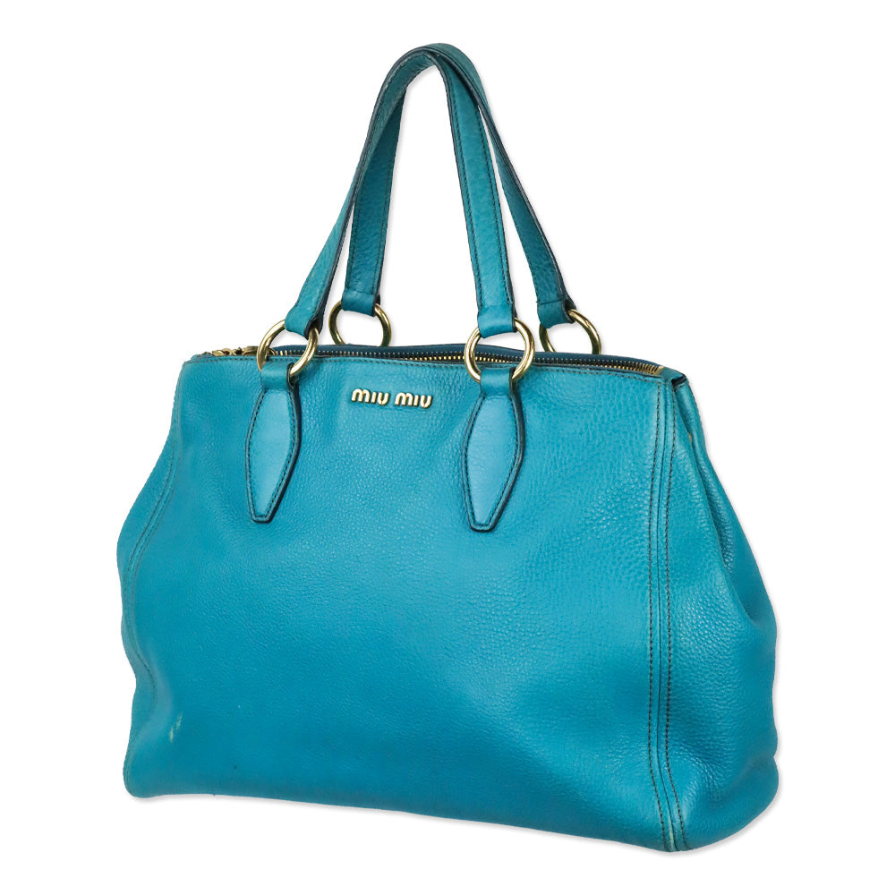 Miu Miu Teal Vitello Caribu Leather Tote Bag