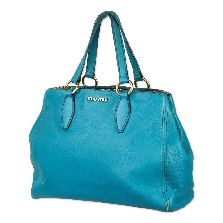 Miu Miu Teal Vitello Caribu Leather Tote Bag