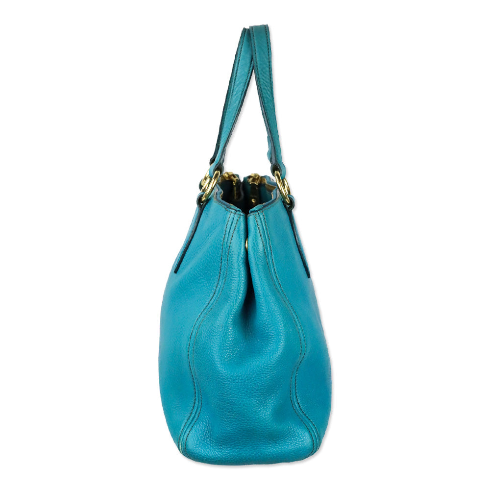 Miu Miu Teal Vitello Caribu Leather Tote Bag