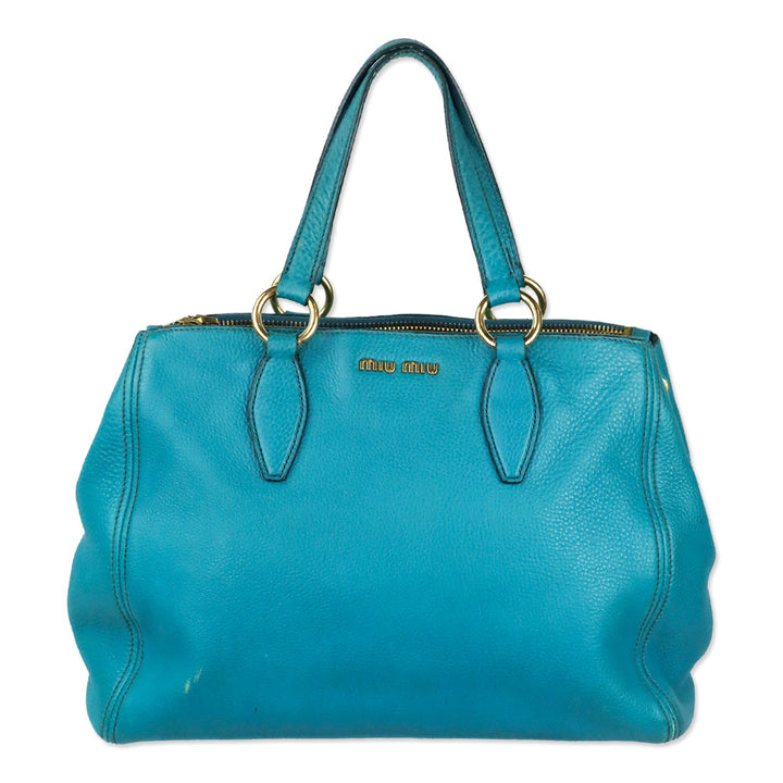 Miu Miu Teal Vitello Caribu Leather Tote Bag