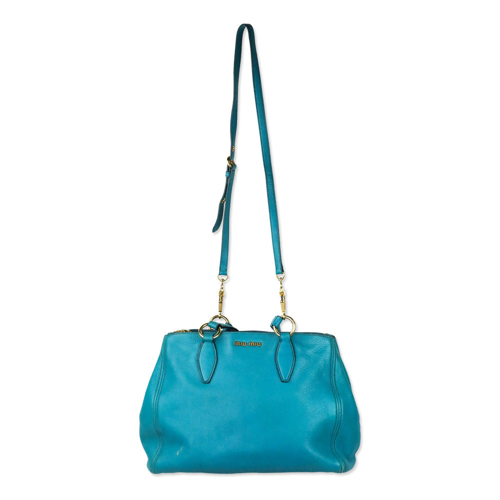 Miu Miu Teal Vitello Caribu Leather Tote Bag