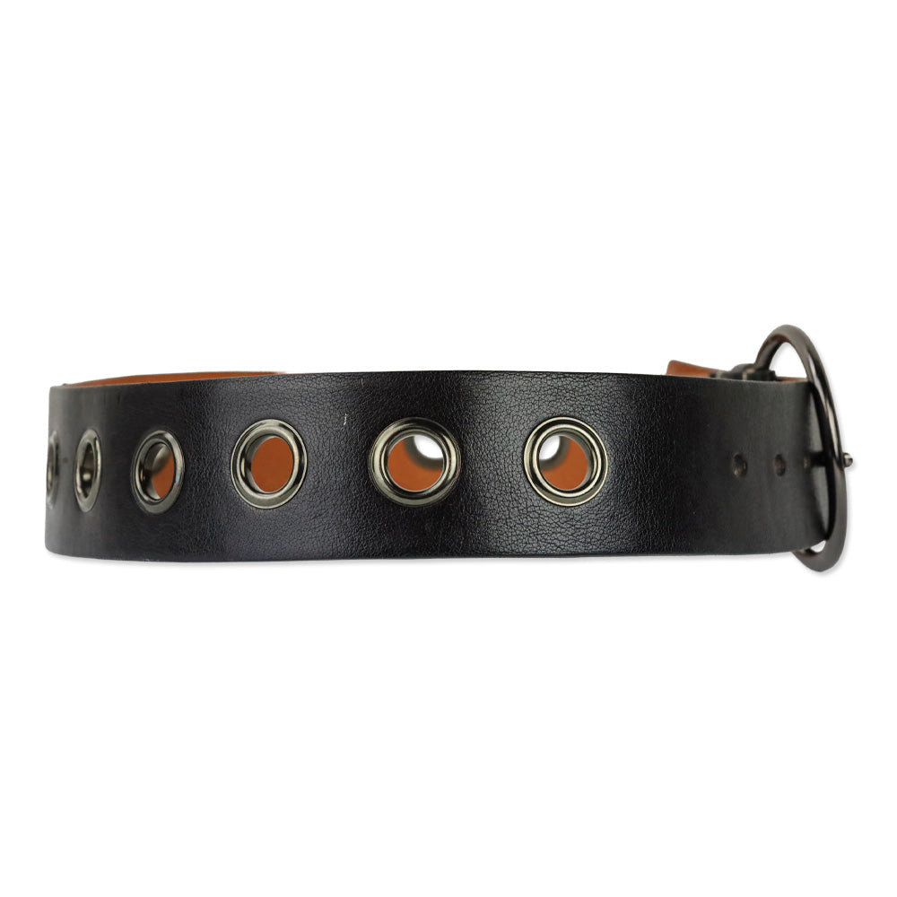 Miu Miu Wide Black Leather Grommet Belt with D-Ring Buckle