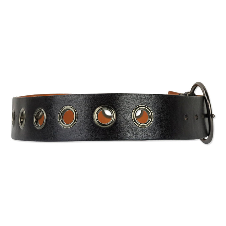Miu Miu Wide Black Leather Grommet Belt with D-Ring Buckle