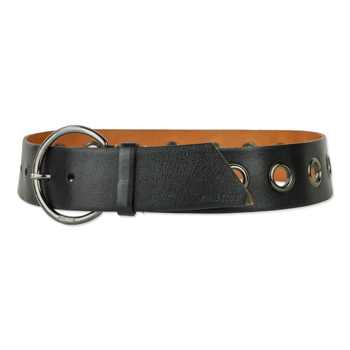 Miu Miu Wide Black Leather Grommet Belt with D-Ring Buckle
