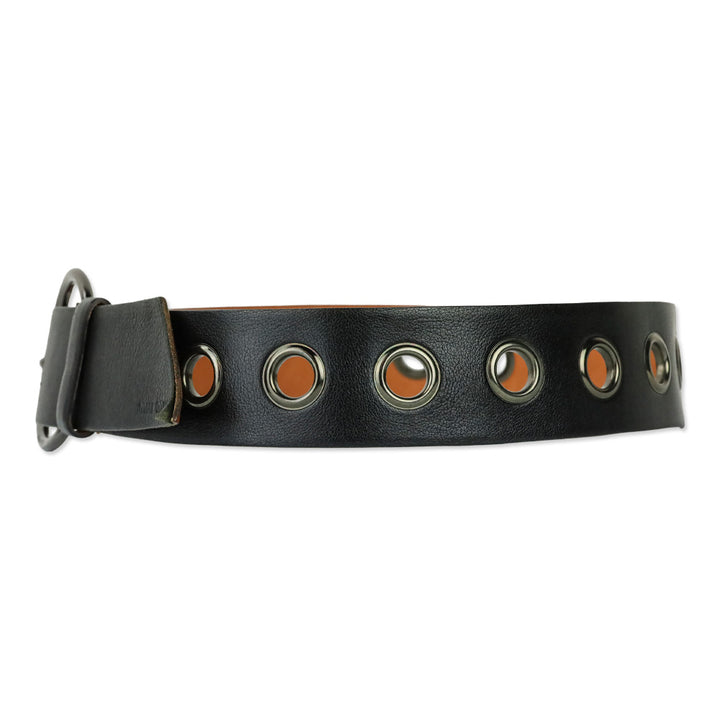Miu Miu Wide Black Leather Grommet Belt with D-Ring Buckle
