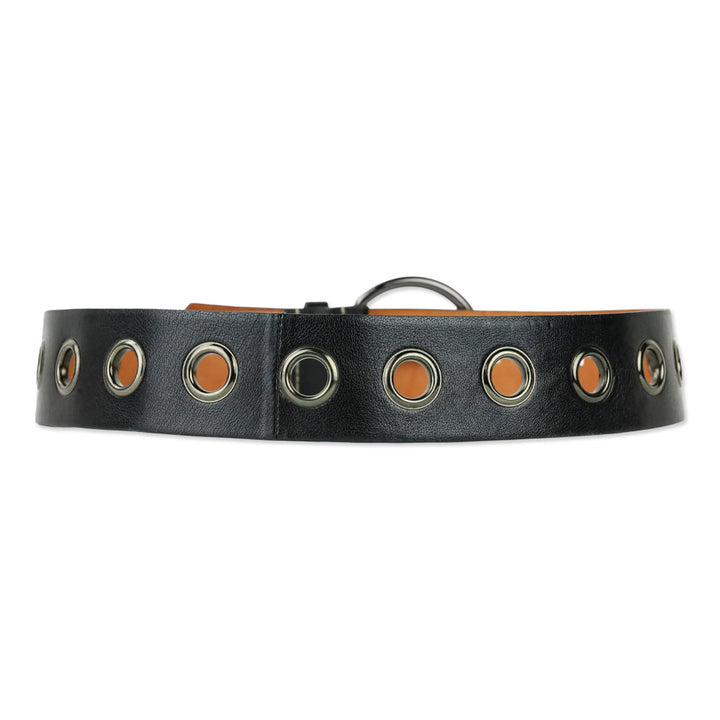 Miu Miu Wide Black Leather Grommet Belt with D-Ring Buckle