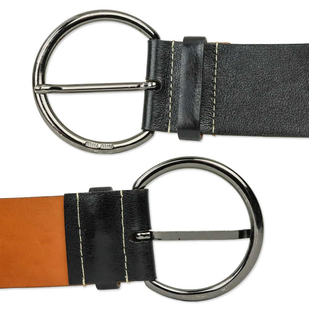 Miu Miu Wide Black Leather Grommet Belt with D-Ring Buckle