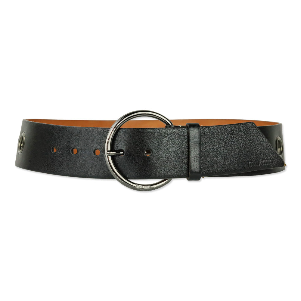 Miu Miu Wide Black Leather Grommet Belt with D-Ring Buckle