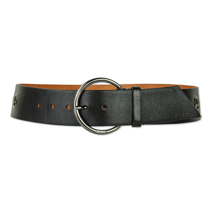 Miu Miu Wide Black Leather Grommet Belt with D-Ring Buckle