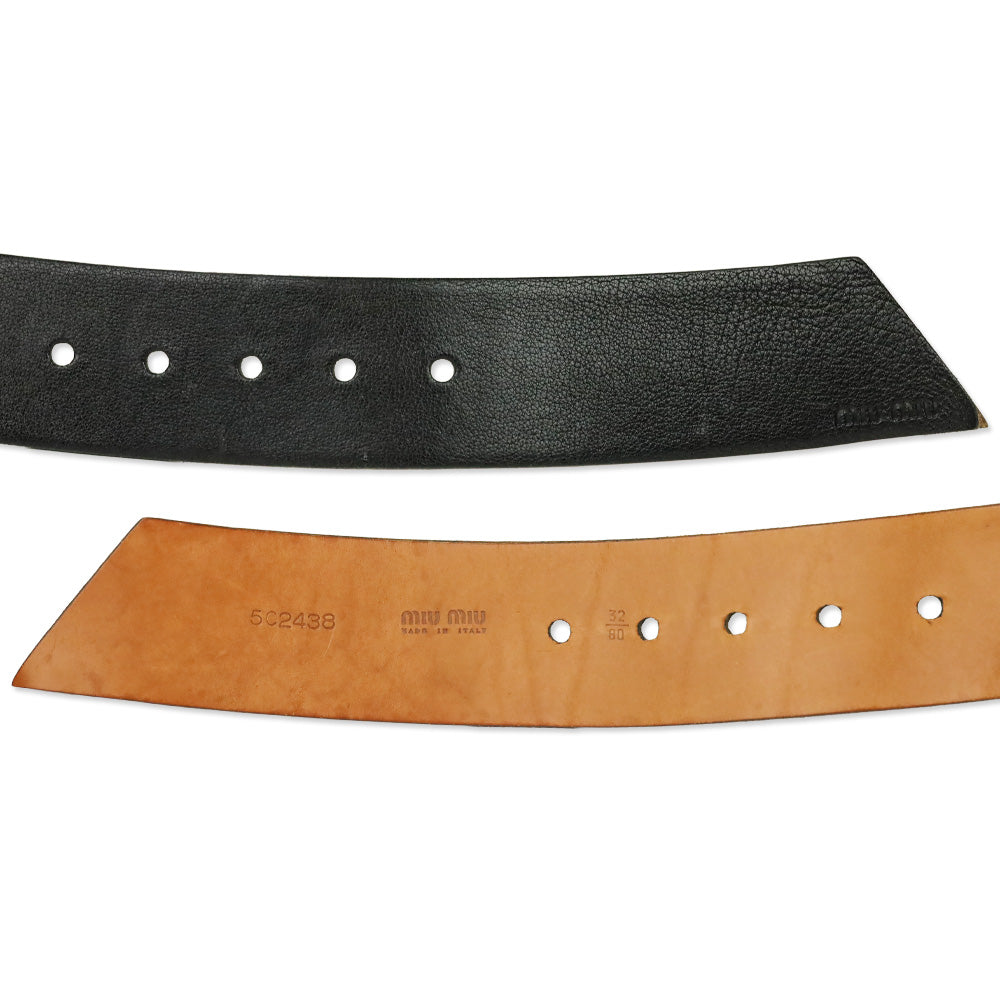 Miu Miu Wide Black Leather Grommet Belt with D-Ring Buckle