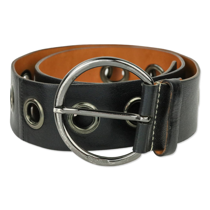 Miu Miu Wide Black Leather Grommet Belt with D-Ring Buckle