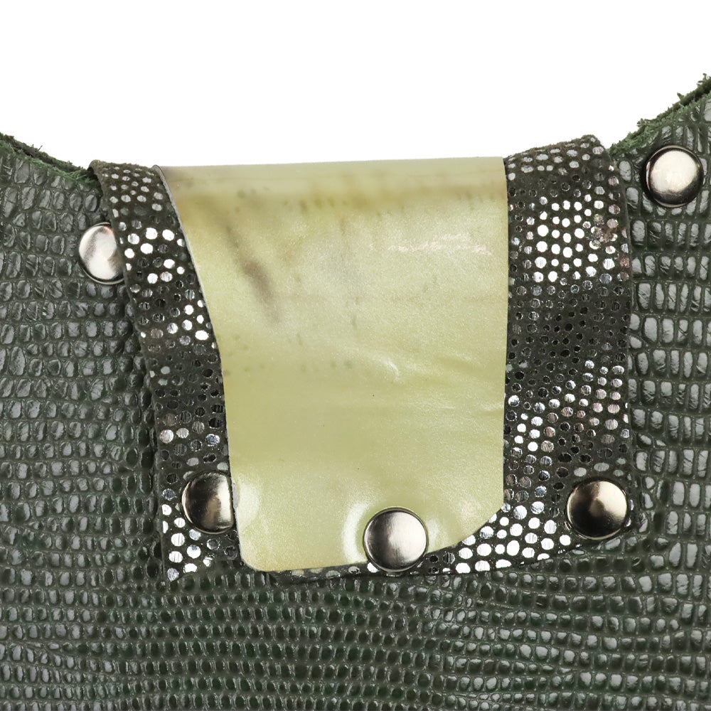 Moe Moe 23 Green Lizard Leather Hobo with Brutalist Crystal Accent Closure