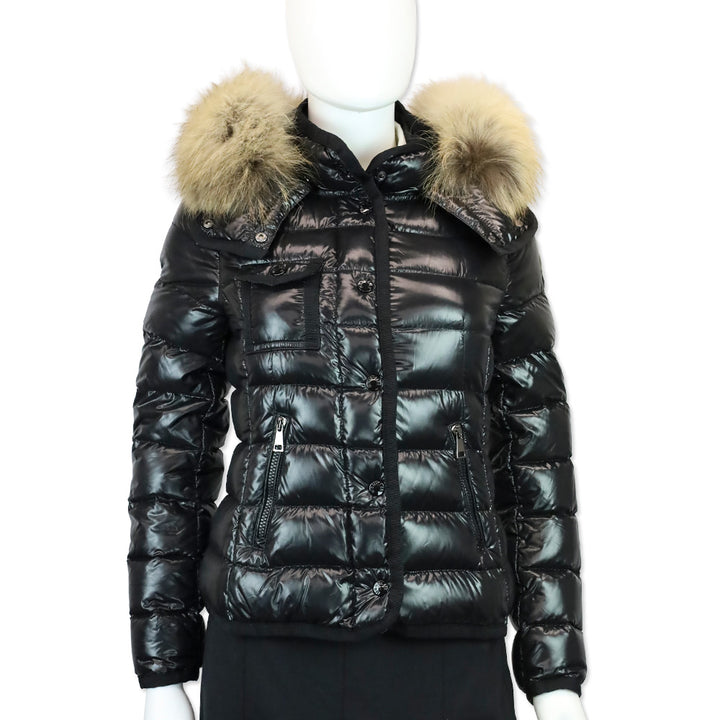 Moncler Black Quilted Down Hooded Raccoon Fur-Trim Short Jacket