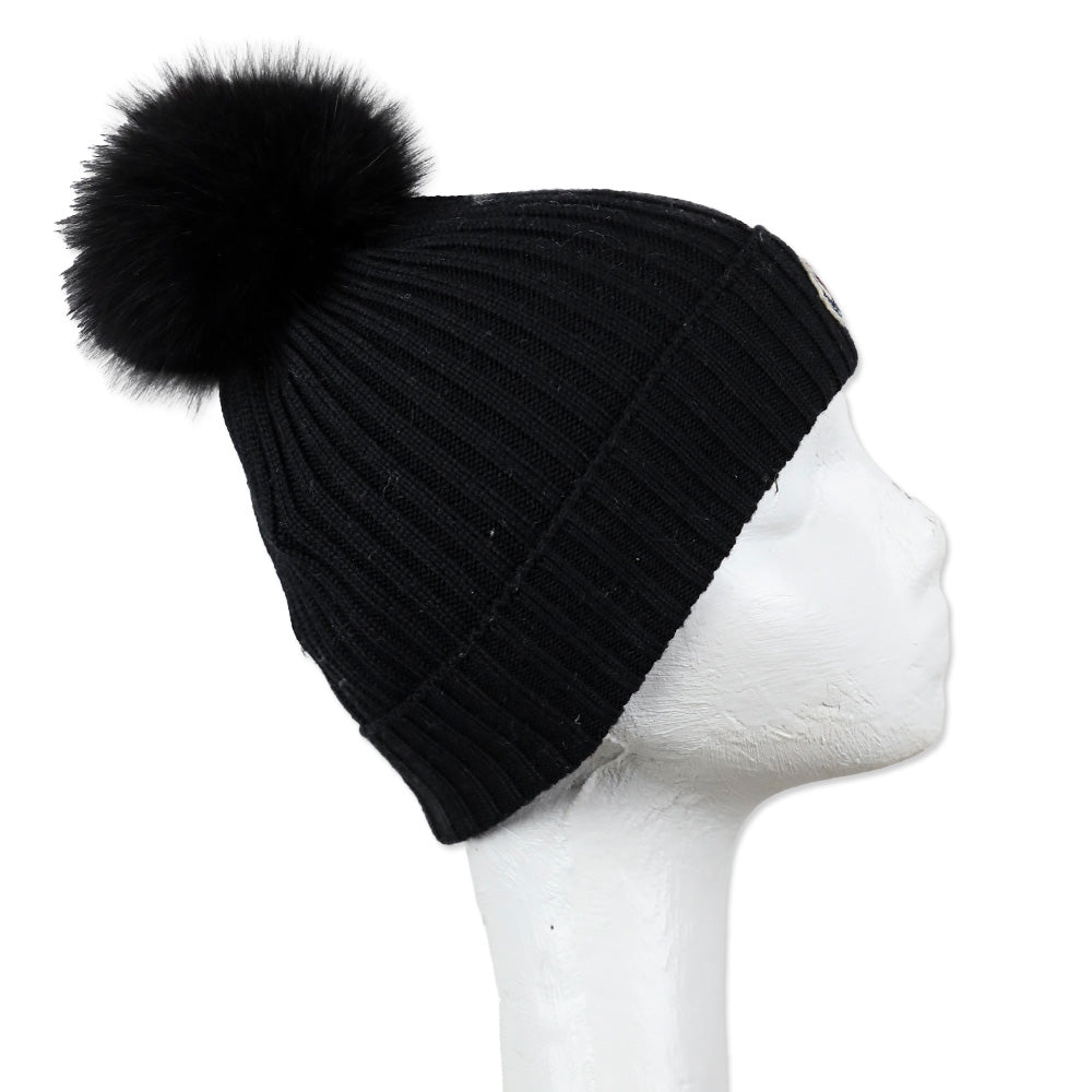 Moncler Black Ribbed Wool Beanie with Fur Pom Pom