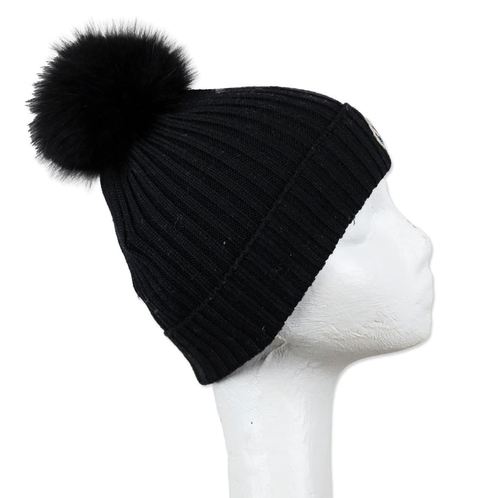 Moncler Black Ribbed Wool Beanie with Fur Pom Pom