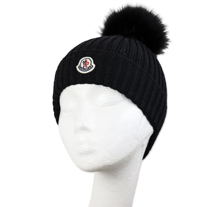 Moncler Black Ribbed Wool Beanie with Fur Pom Pom