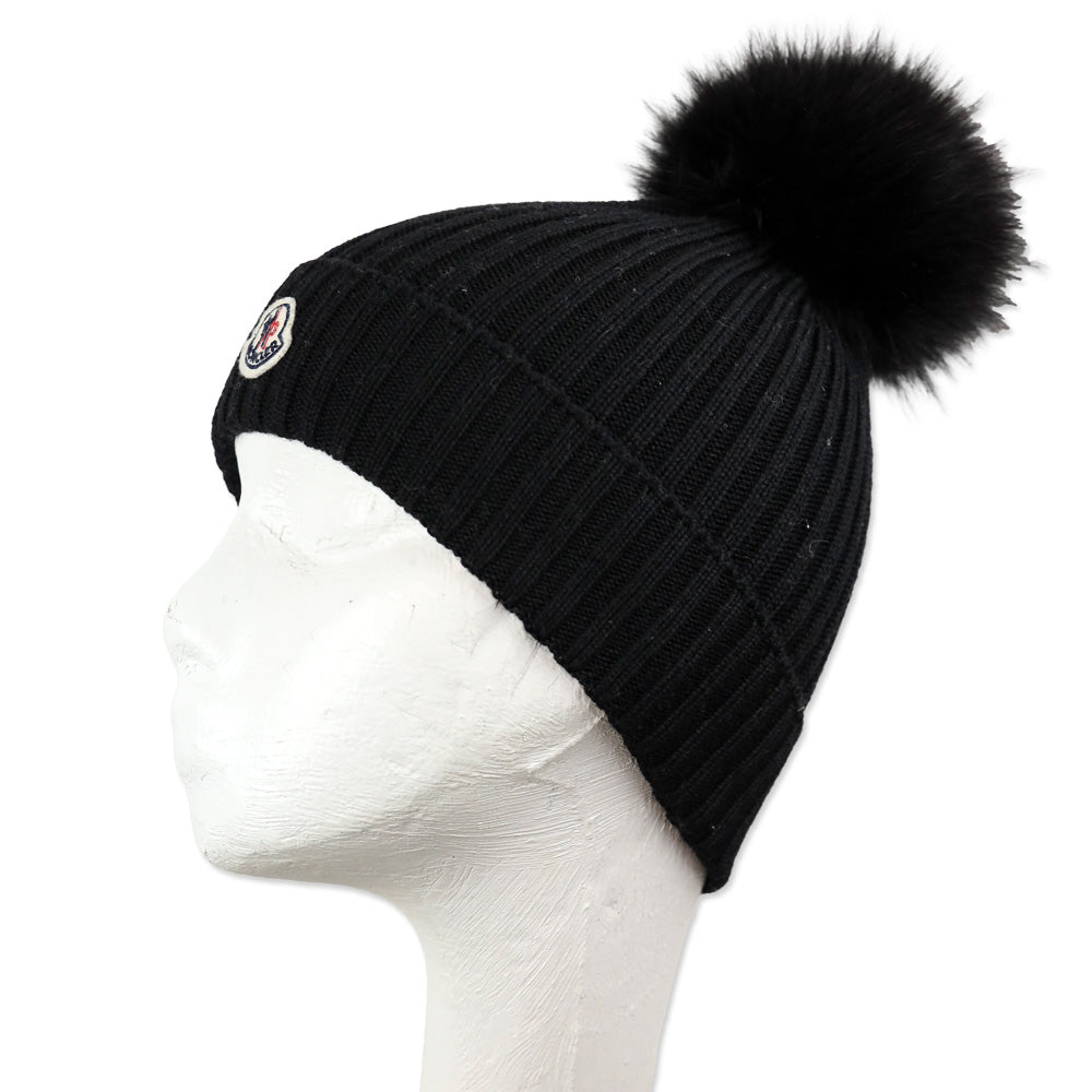 Moncler Black Ribbed Wool Beanie with Fur Pom Pom