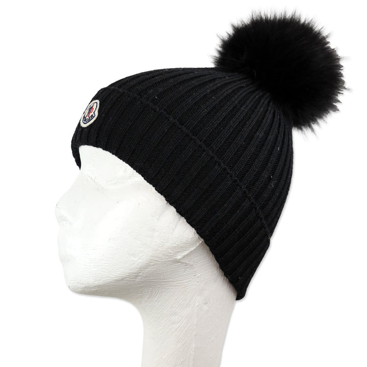 Moncler Black Ribbed Wool Beanie with Fur Pom Pom