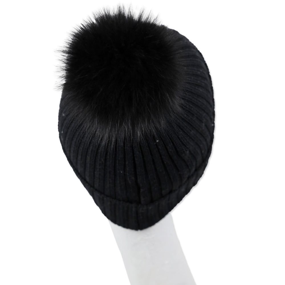 Moncler Black Ribbed Wool Beanie with Fur Pom Pom