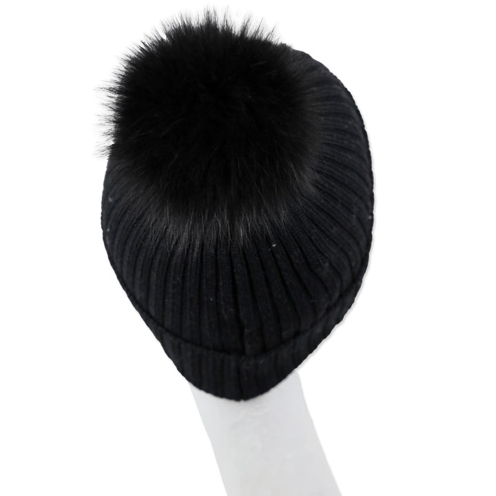 Moncler Black Ribbed Wool Beanie with Fur Pom Pom