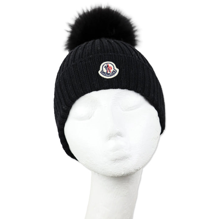 Moncler Black Ribbed Wool Beanie with Fur Pom Pom