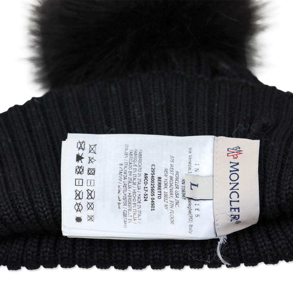 Moncler Black Ribbed Wool Beanie with Fur Pom Pom