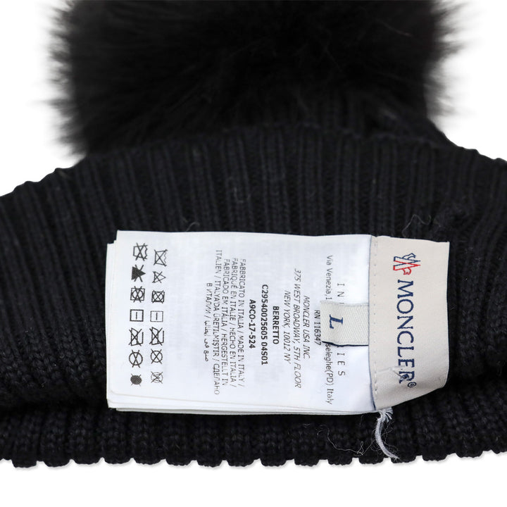 Moncler Black Ribbed Wool Beanie with Fur Pom Pom