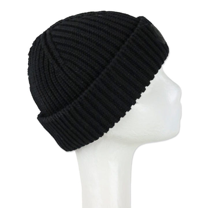Moncler Black Wool Ribbed Knit Wool Logo Beanie