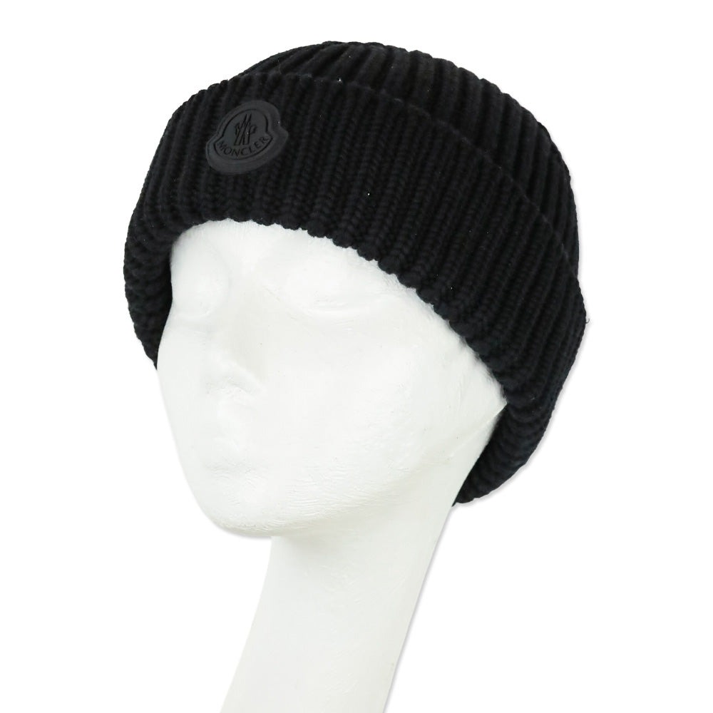 Moncler Black Wool Ribbed Knit Wool Logo Beanie