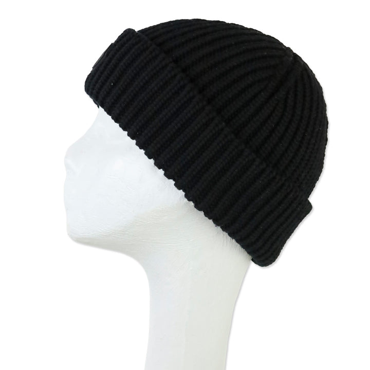 Moncler Black Wool Ribbed Knit Wool Logo Beanie