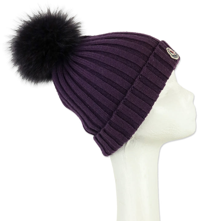 Moncler Purple Ribbed Knit Pom Pom Beanie