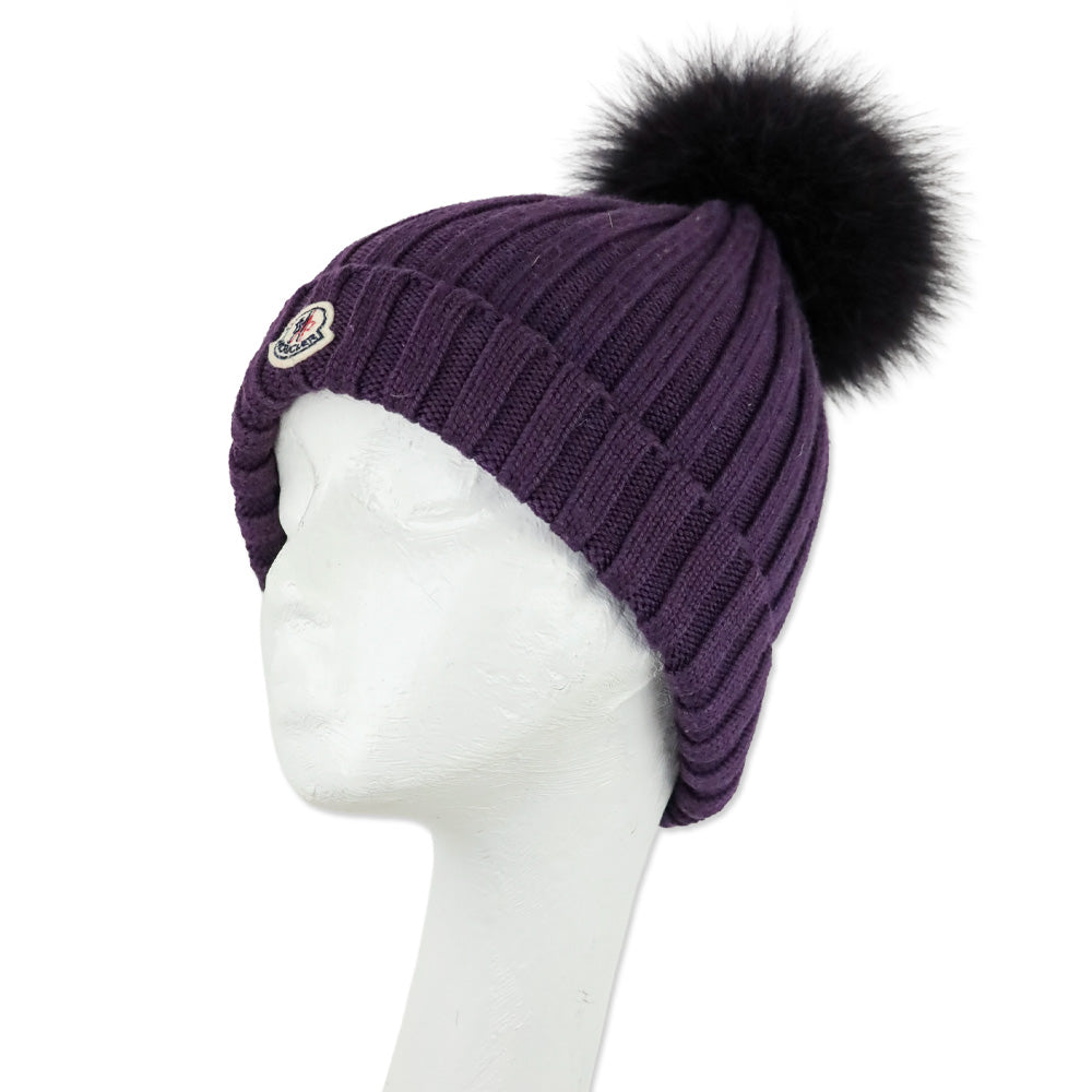 Moncler Purple Ribbed Knit Pom Pom Beanie