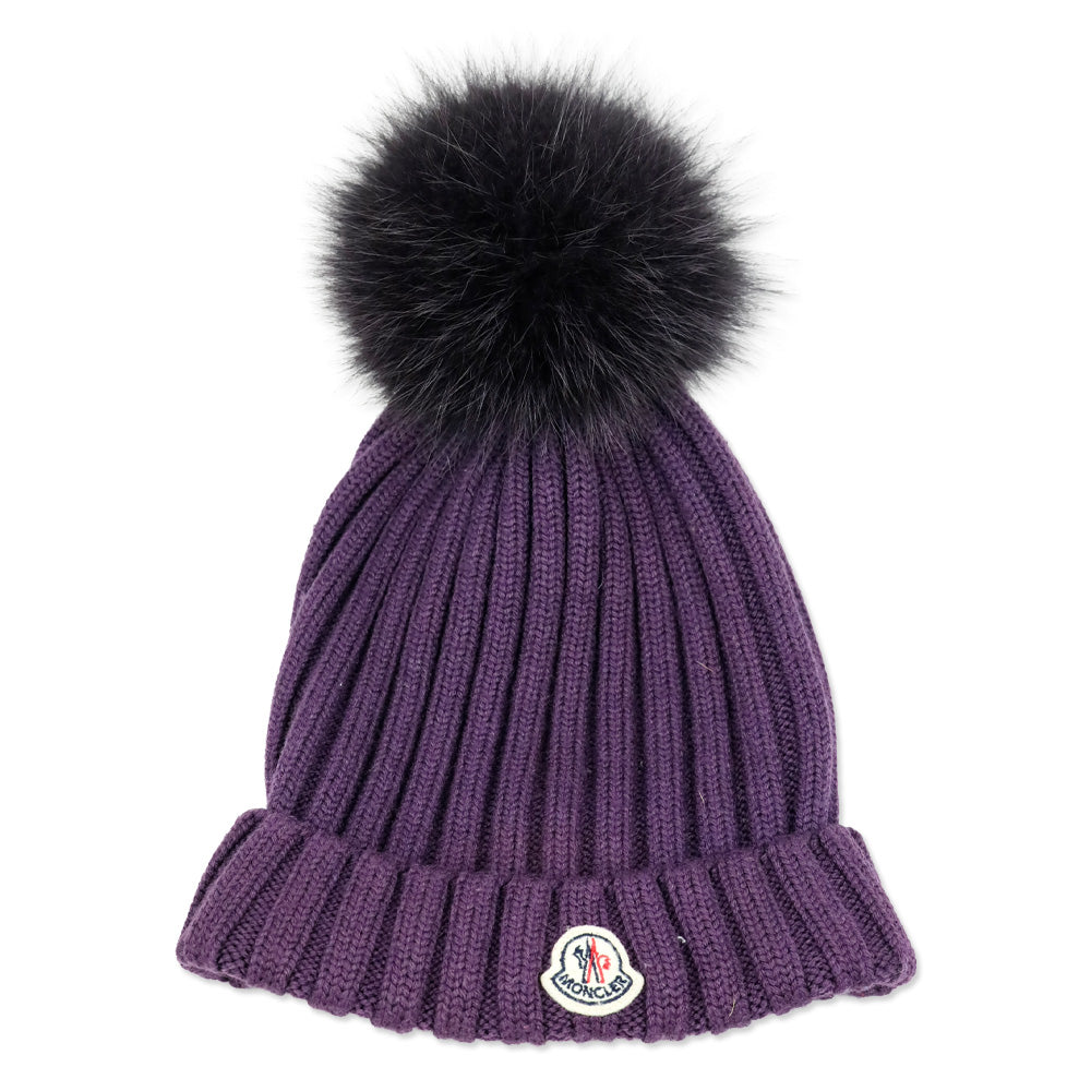 Moncler Purple Ribbed Knit Pom Pom Beanie
