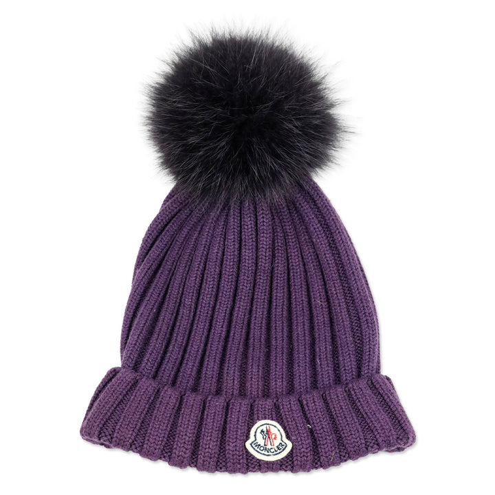 Moncler Purple Ribbed Knit Pom Pom Beanie