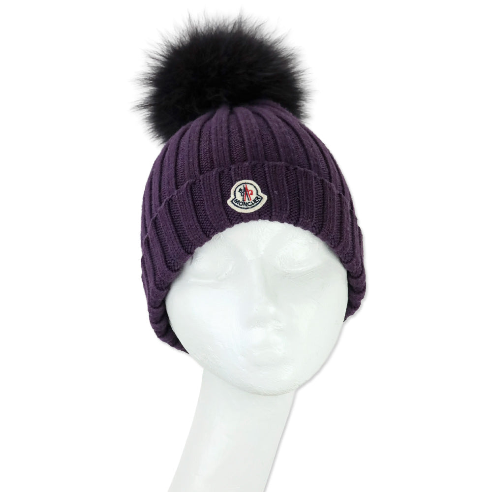 Moncler Purple Ribbed Knit Pom Pom Beanie