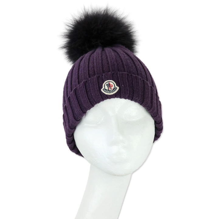 Moncler Purple Ribbed Knit Pom Pom Beanie