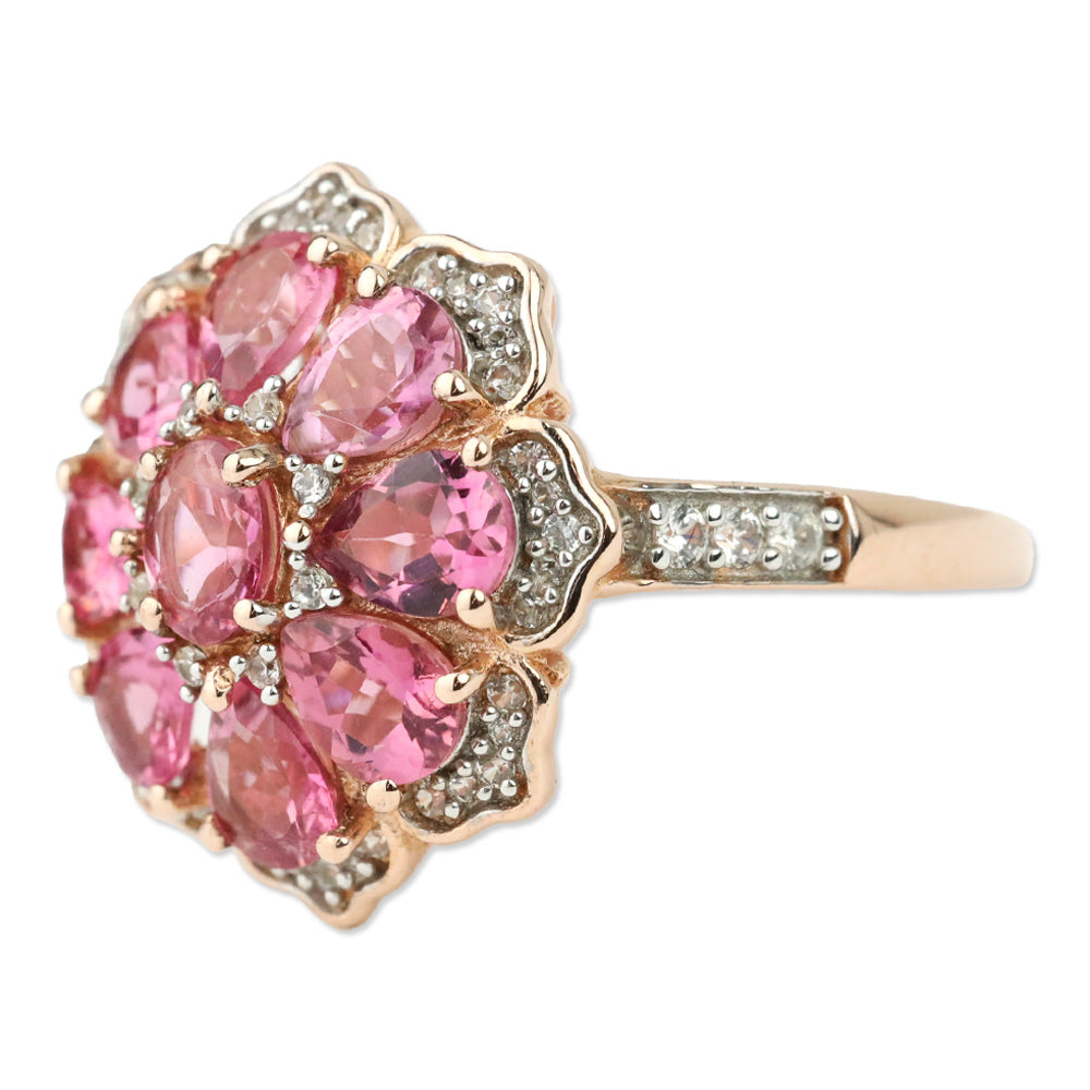 Morro Redondo Pink Tourmaline and White Zircon Floral Ring in Vermeil Rose Gold Over Sterling Silver