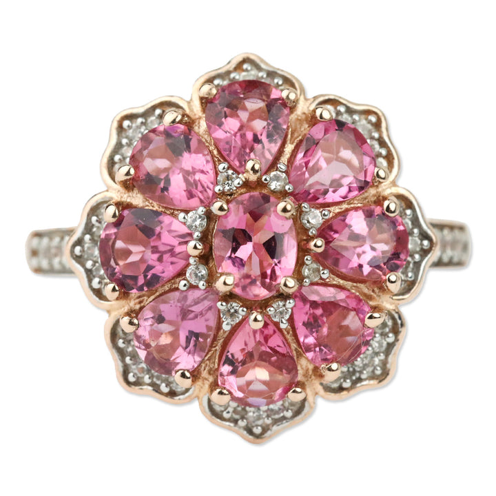 Morro Redondo Pink Tourmaline and White Zircon Floral Ring in Vermeil Rose Gold Over Sterling Silver