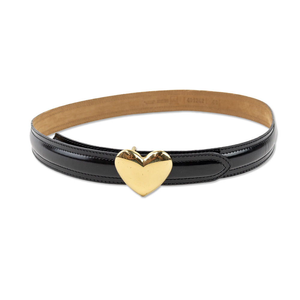 Moschino Black Leather Belt with Gold Heart Buckle