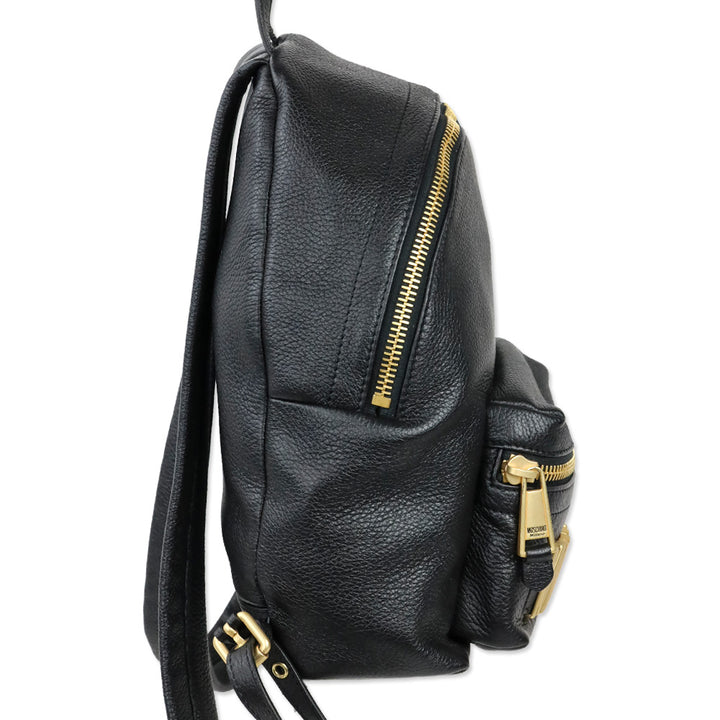 Moschino Black Pebble Leather Gold Logo Backpack