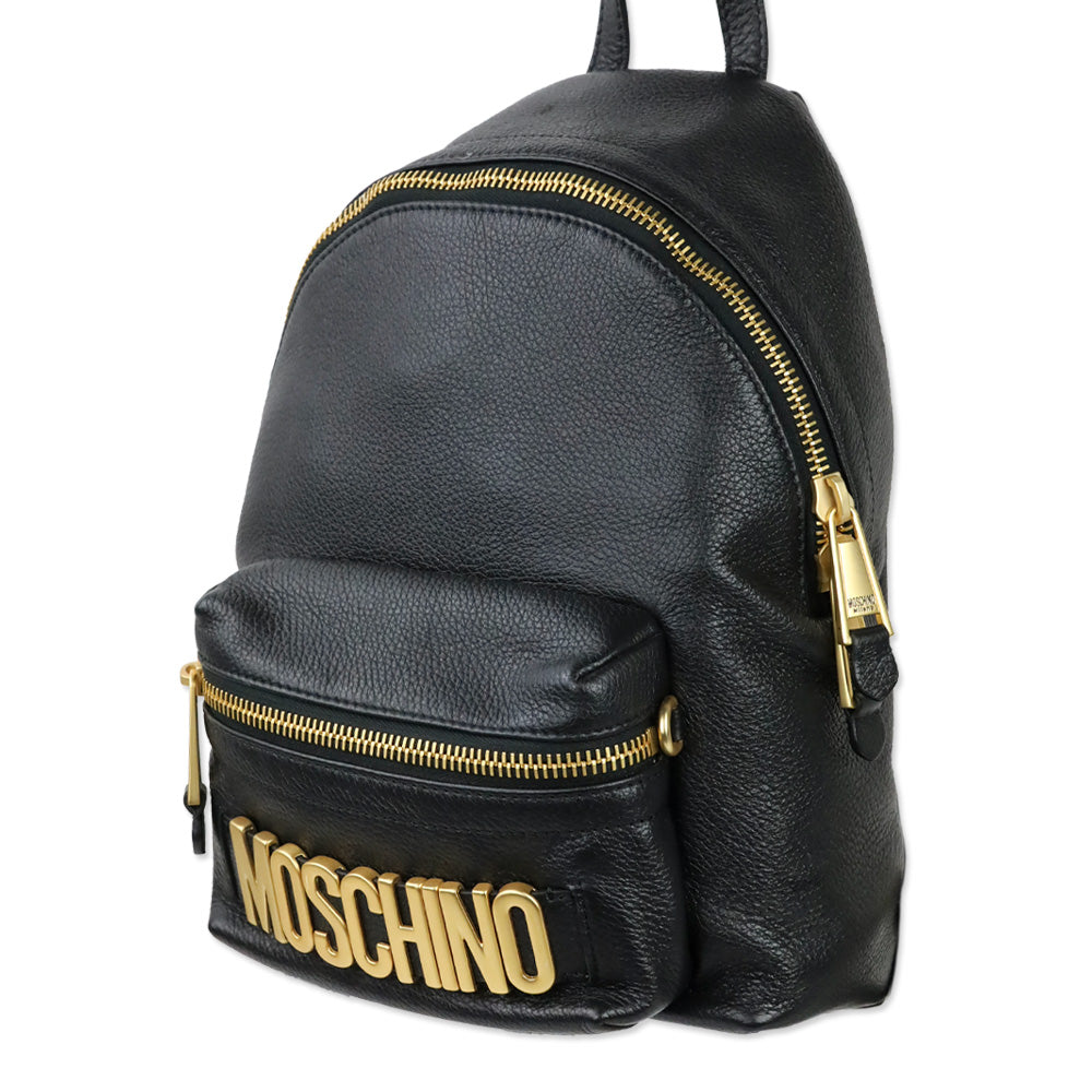 Moschino Black Pebble Leather Gold Logo Backpack