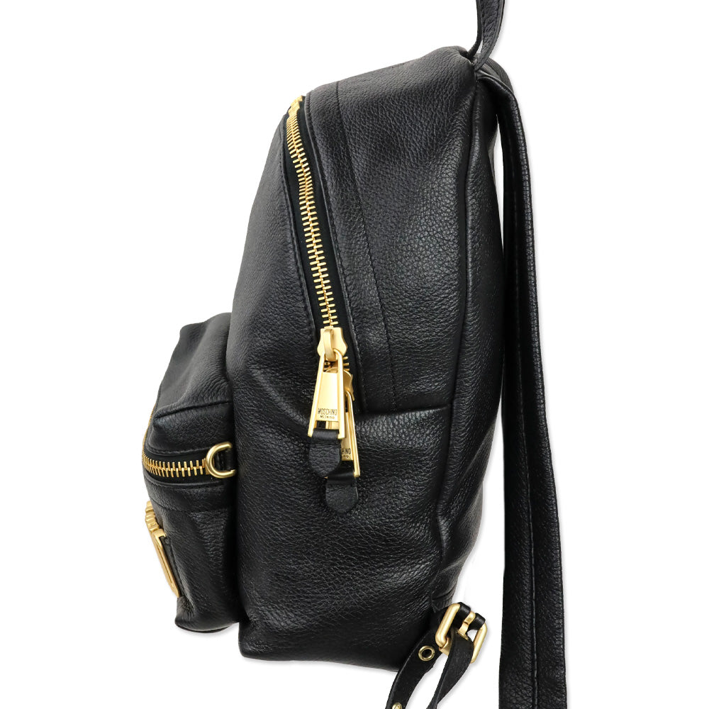 Moschino Black Pebble Leather Gold Logo Backpack