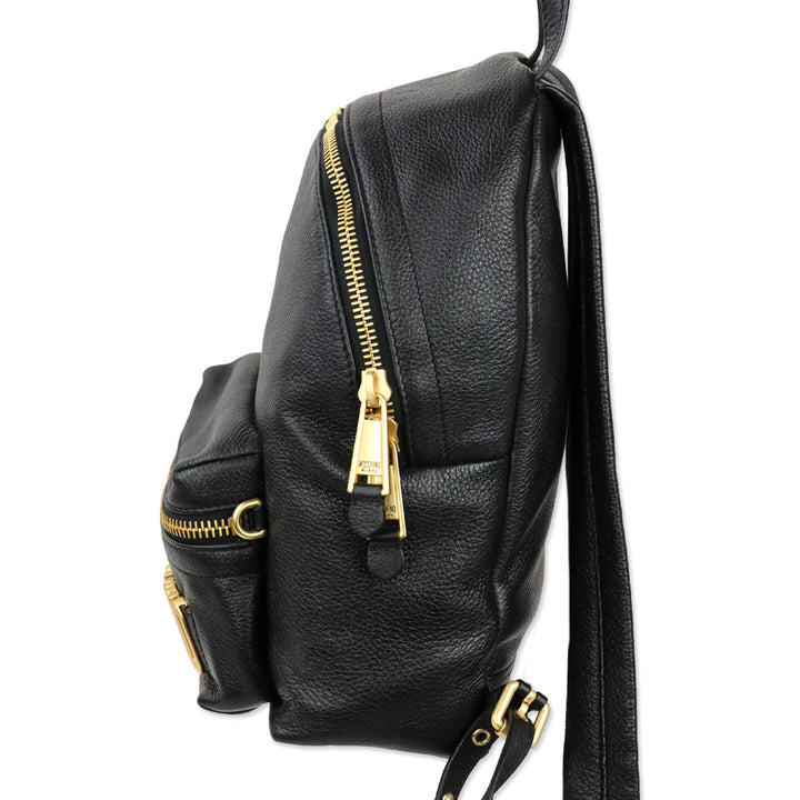Moschino Black Pebble Leather Gold Logo Backpack