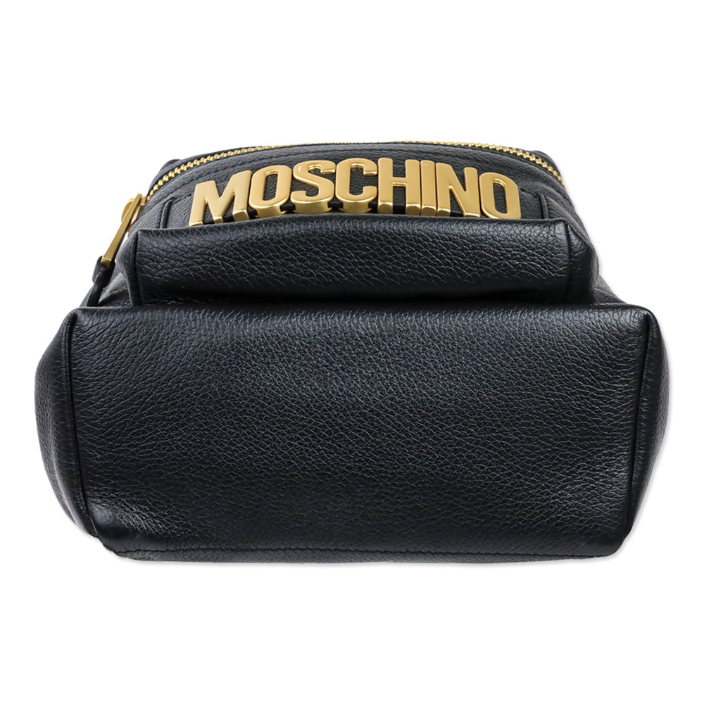 Moschino Black Pebble Leather Gold Logo Backpack