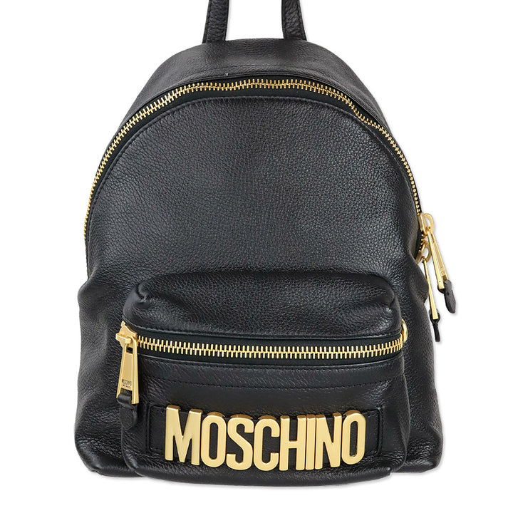 Moschino Black Pebble Leather Gold Logo Backpack