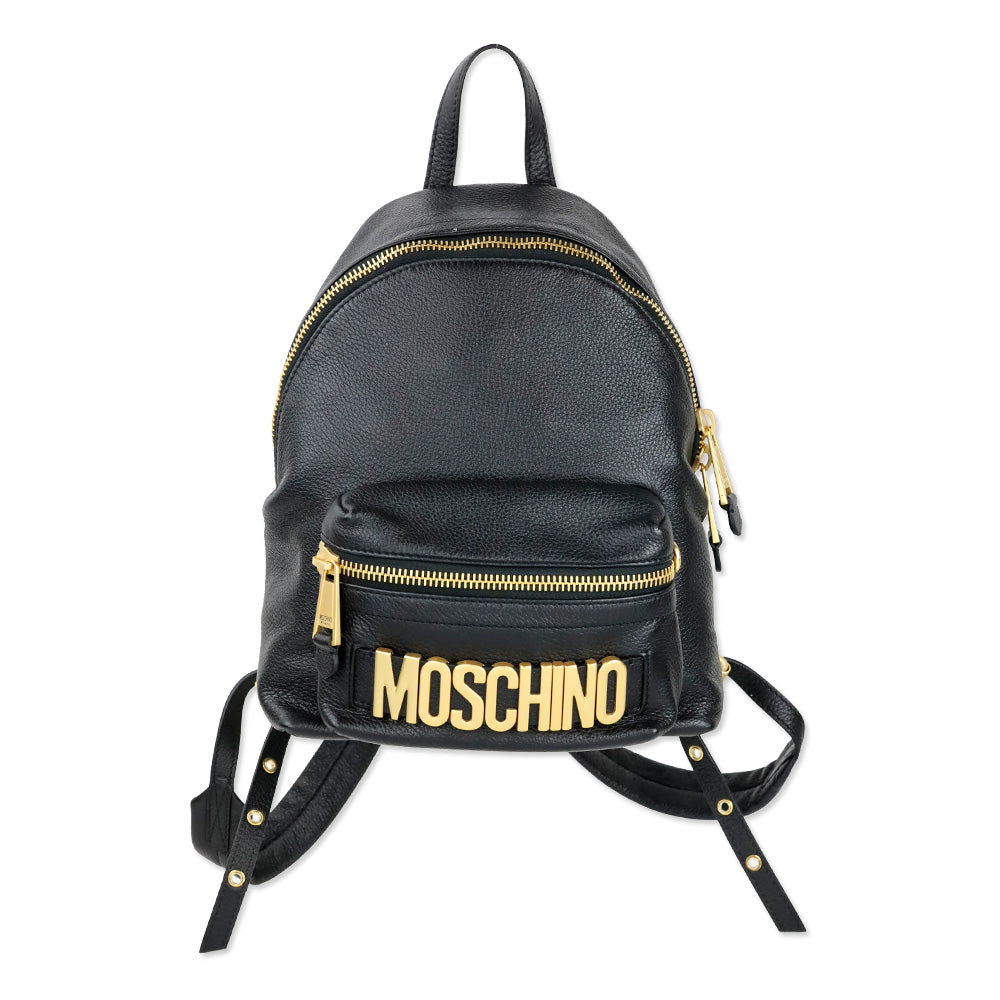 Moschino Black Pebble Leather Gold Logo Backpack