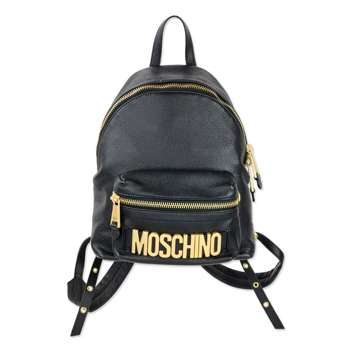Moschino Black Pebble Leather Gold Logo Backpack