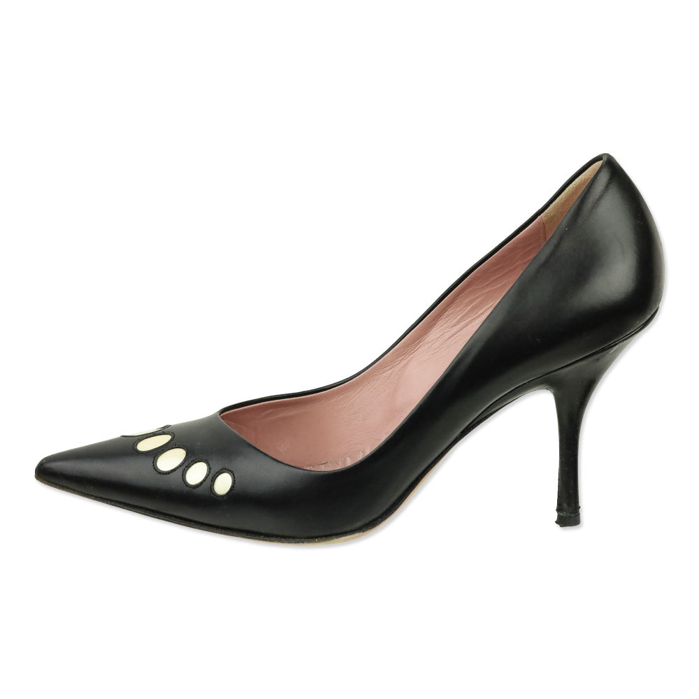 Moschino Cheap & Chic Pointed Toe White Dot Accented Black Leather Heels