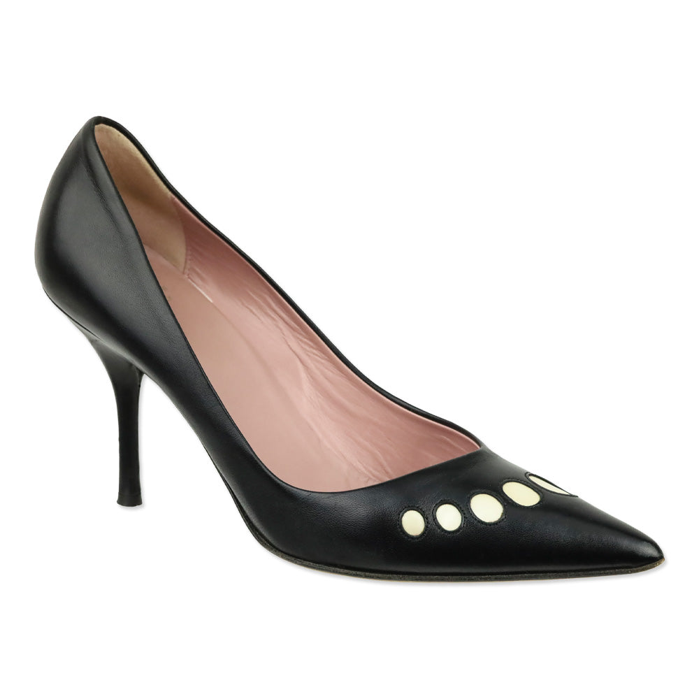 Moschino Cheap & Chic Pointed Toe White Dot Accented Black Leather Heels